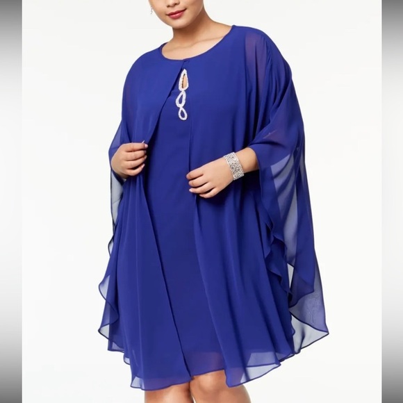 SLNY Women’s Formal Dress Plus Size 14W Blue Cape 2pc Shift Evening Gown NEW - Picture 2 of 5